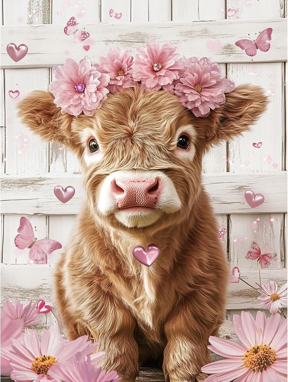 Highland Cow Diamond Art Kits for Adults – Cute Pink Cow 5D Round Full Drill Diamond Painting Kit for Beginners, DIY Gem Art Craft for Home Wall Decor, 12x16 Inch